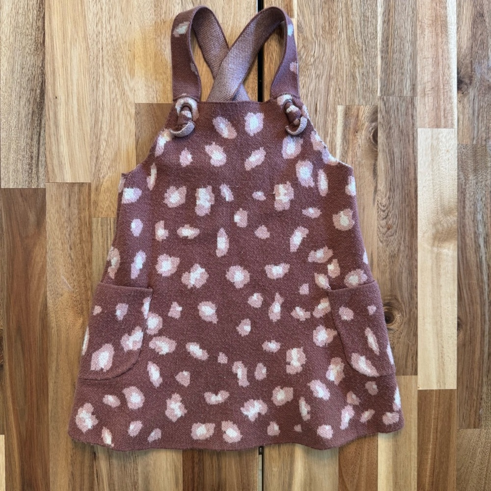 Zara Baby Girls Mauve Knit Leopard Pinafore‎ Jumper Dress 9-12 Months